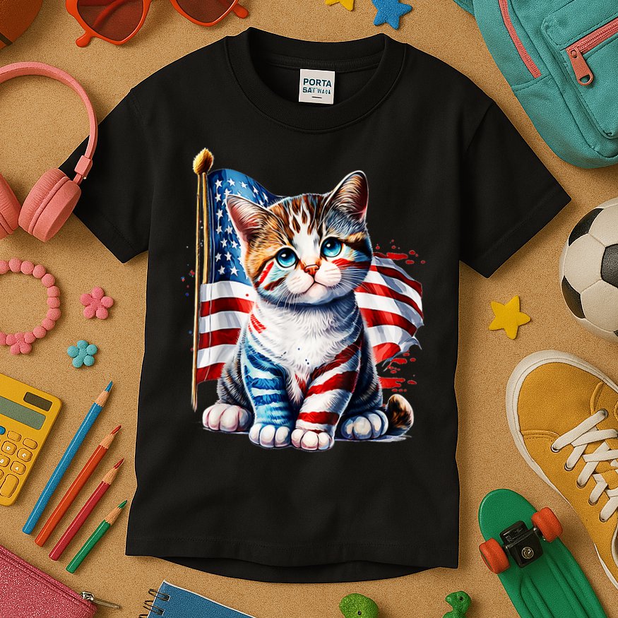 4th Of July Cat Mom American Flag Cat Lover Gift Kids T-Shirt