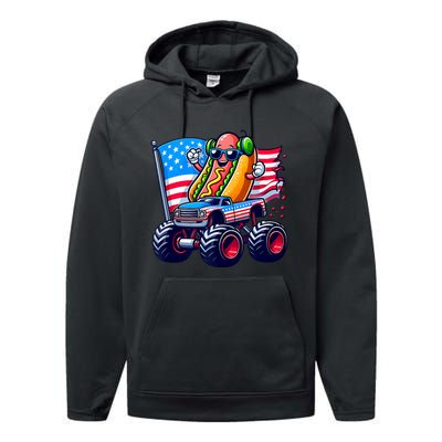 4th Of July Hotdog Sunglasses Monster Truck American Flag Performance Fleece Hoodie