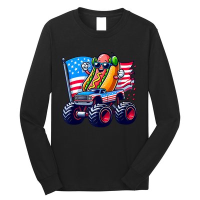 4th Of July Hotdog Sunglasses Monster Truck American Flag Long Sleeve Shirt