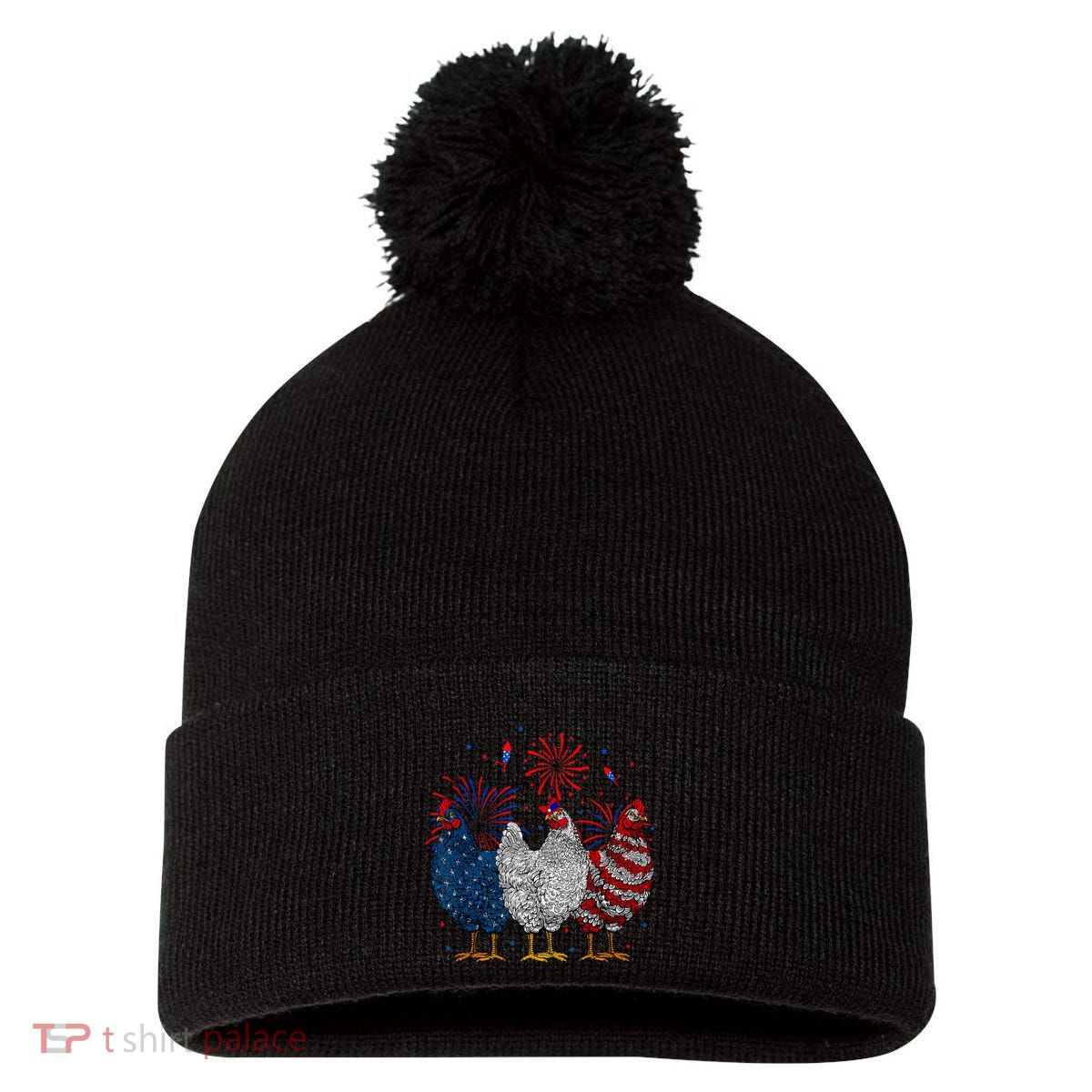 4th Of July Chicken Usa Flag Patriotic Chicken Lover Gift Pom Pom 12in Knit Beanie