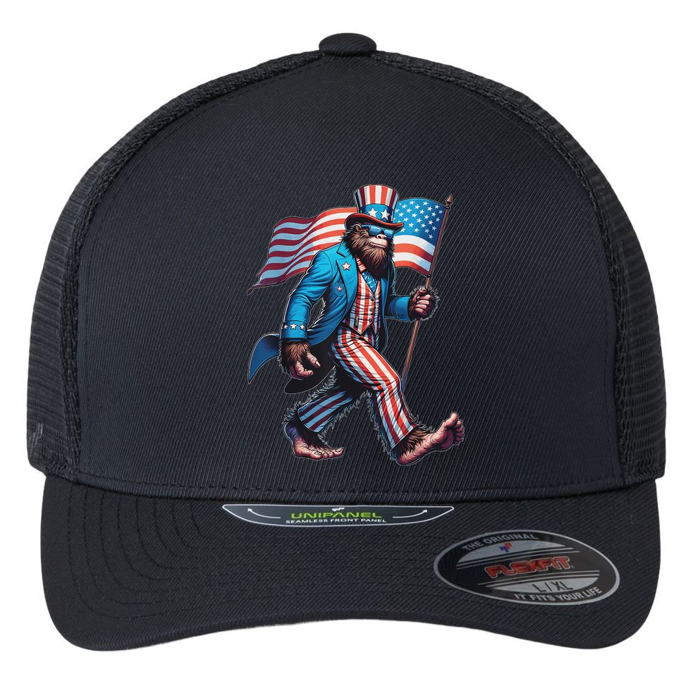 4th Of July Bigfoot Sasquatch Patriotic American Flag Flexfit Unipanel Trucker Cap