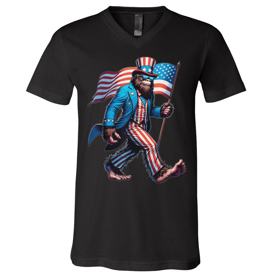 4th Of July Bigfoot Sasquatch Patriotic American Flag V-Neck T-Shirt