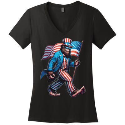 4th Of July Bigfoot Sasquatch Patriotic American Flag Women's V-Neck T-Shirt