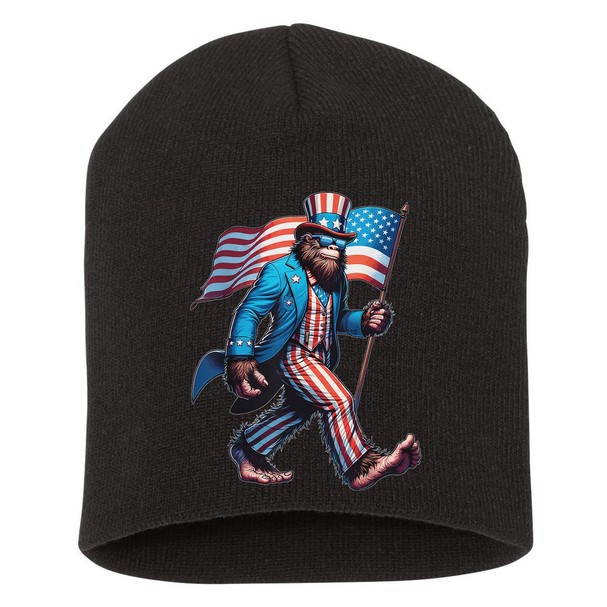 4th Of July Bigfoot Sasquatch Patriotic American Flag Short Acrylic Beanie