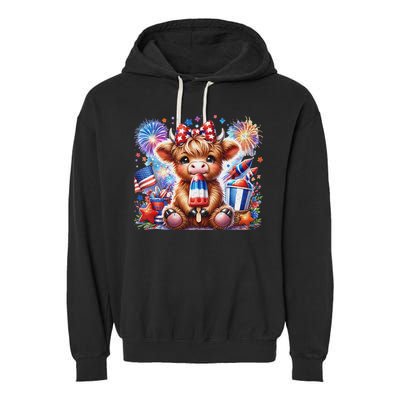4th Of July Highland Cow Popsicle Firework Usa American Garment-Dyed Fleece Hoodie
