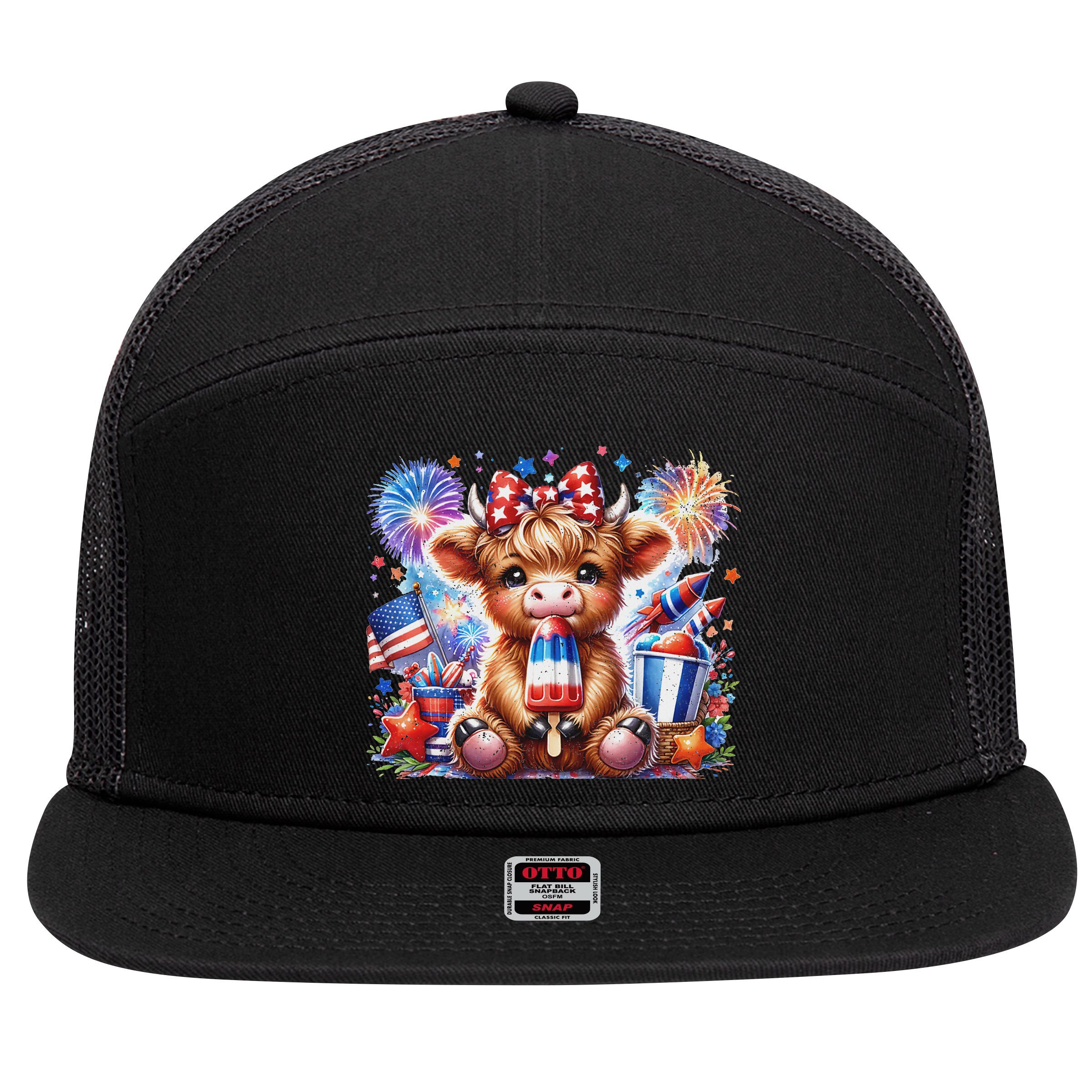 4th Of July Highland Cow Popsicle Firework Usa American 7 Panel Mesh Trucker Snapback Hat
