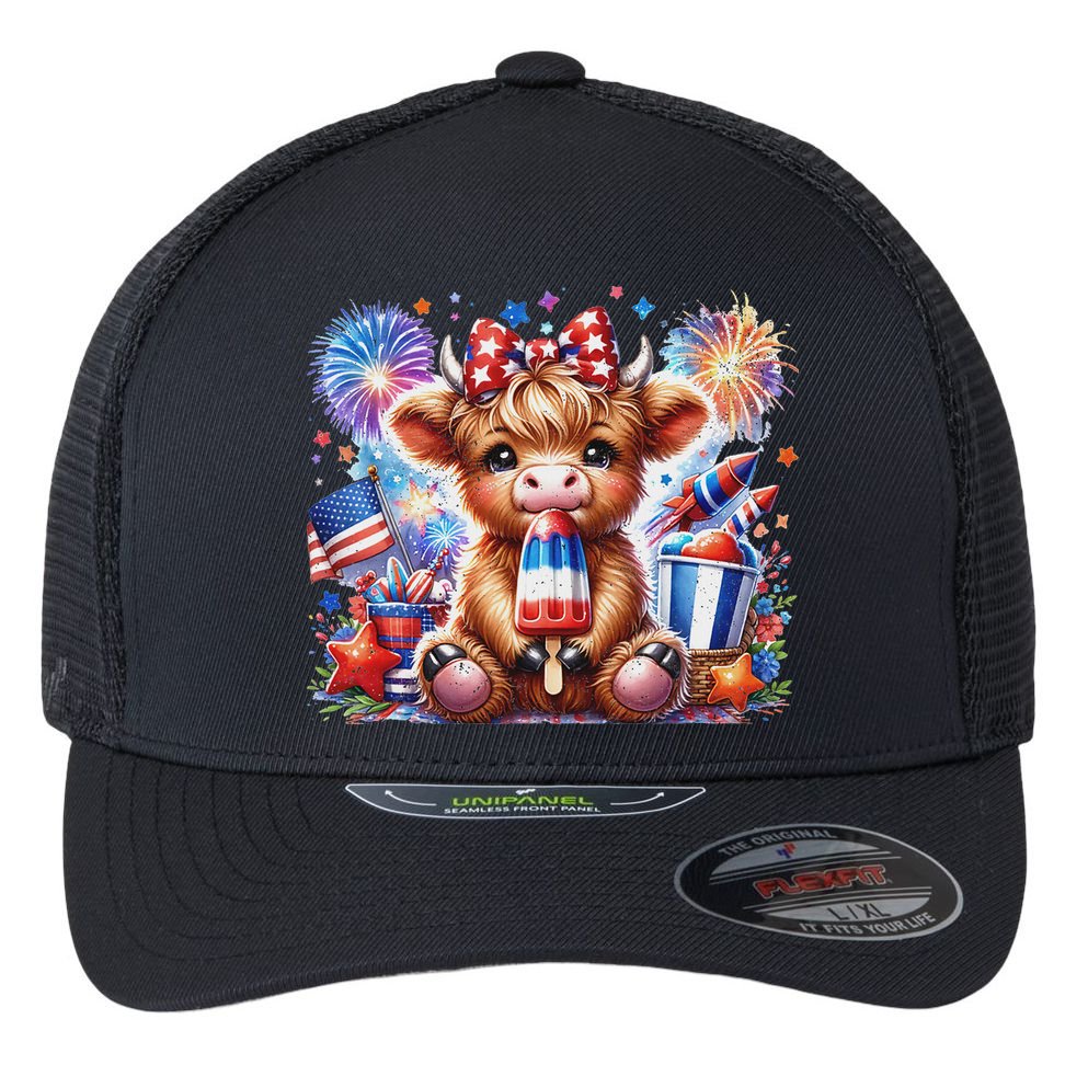 4th Of July Highland Cow Popsicle Firework Usa American Flexfit Unipanel Trucker Cap