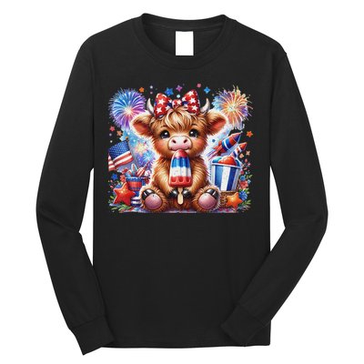 4th Of July Highland Cow Popsicle Firework Usa American Long Sleeve Shirt
