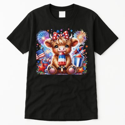 4th Of July Highland Cow Popsicle Firework Usa American Tall T-Shirt