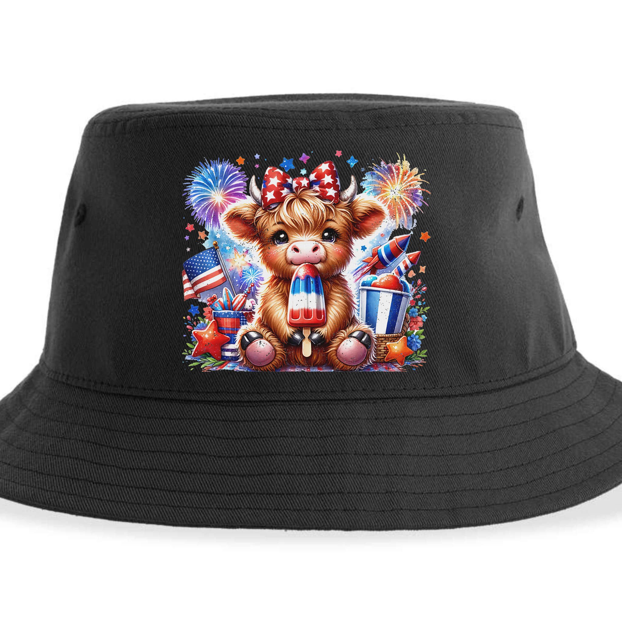 4th Of July Highland Cow Popsicle Firework Usa American Sustainable Bucket Hat