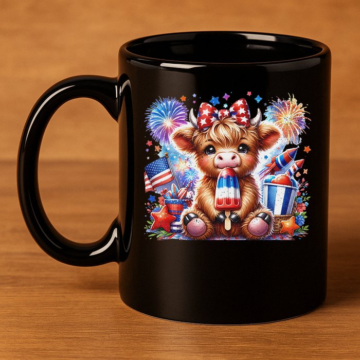 4th Of July Highland Cow Popsicle Firework Usa American 11oz C Handle Ceramic Mug