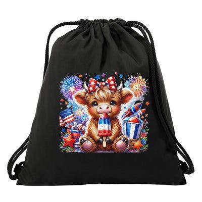 4th Of July Highland Cow Popsicle Firework Usa American Drawstring Bag