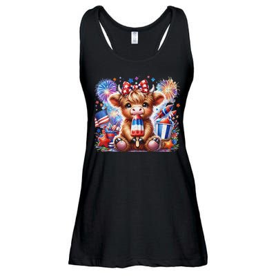 4th Of July Highland Cow Popsicle Firework Usa American Ladies Essential Flowy Tank