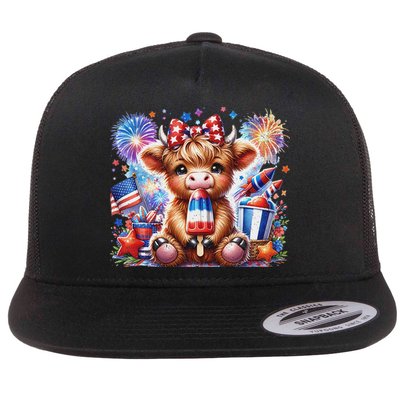 4th Of July Highland Cow Popsicle Firework Usa American Flat Bill Trucker Hat