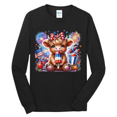 4th Of July Highland Cow Popsicle Firework Usa American Tall Long Sleeve T-Shirt