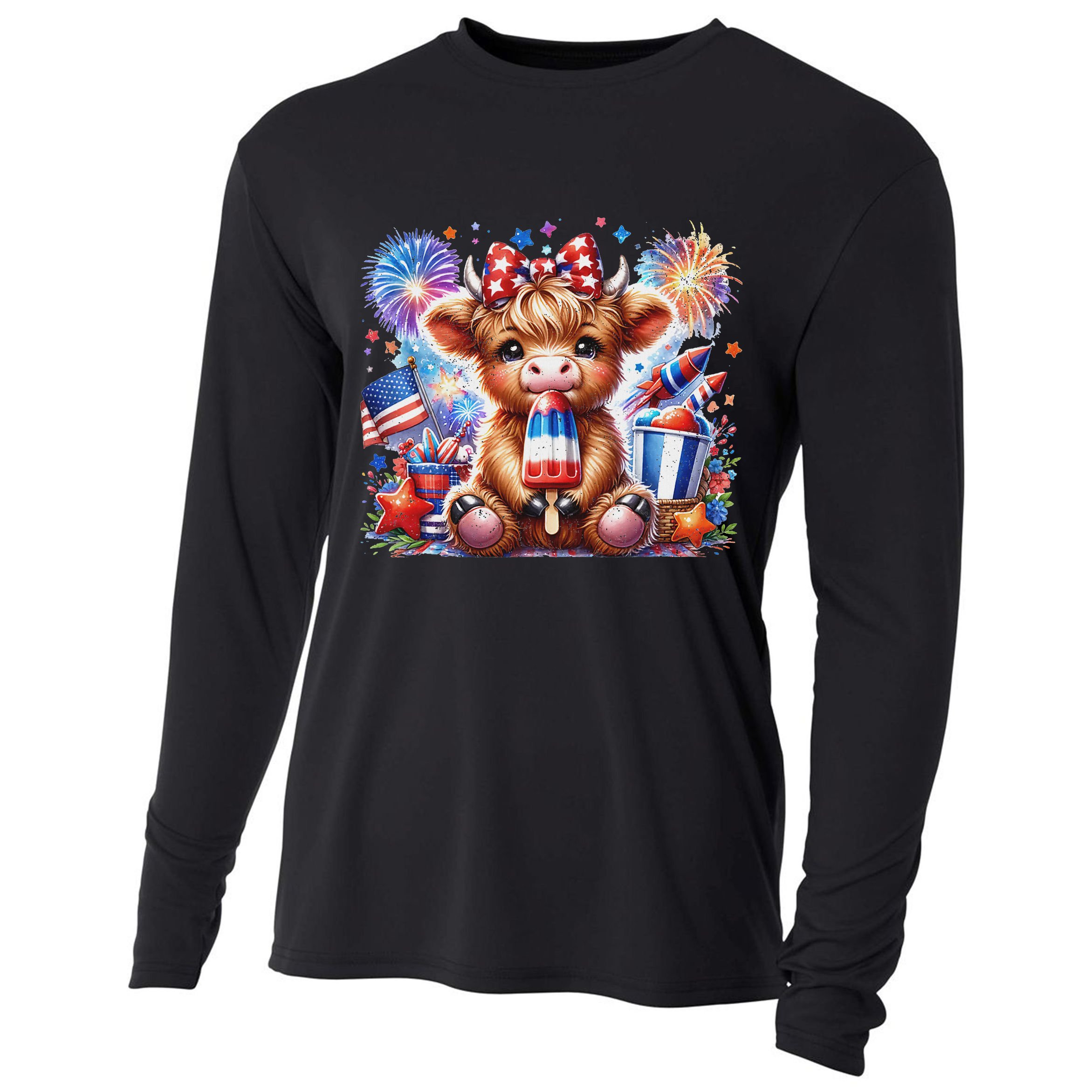 4th Of July Highland Cow Popsicle Firework Usa American Cooling Performance Long Sleeve Crew