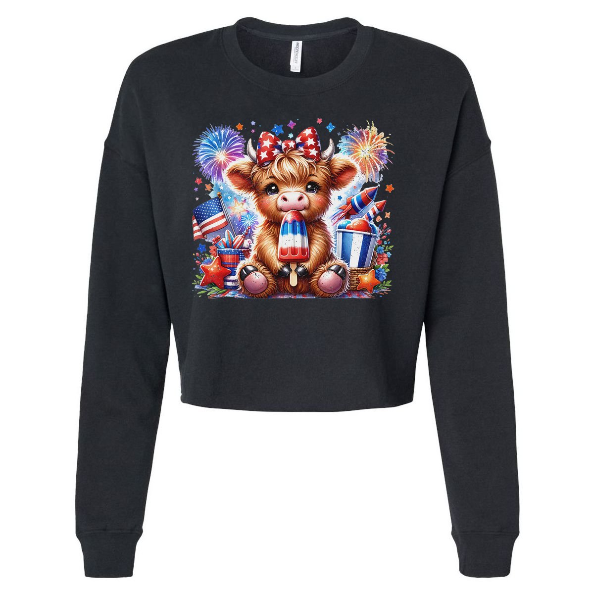 4th Of July Highland Cow Popsicle Firework Usa American Cropped Pullover Crew