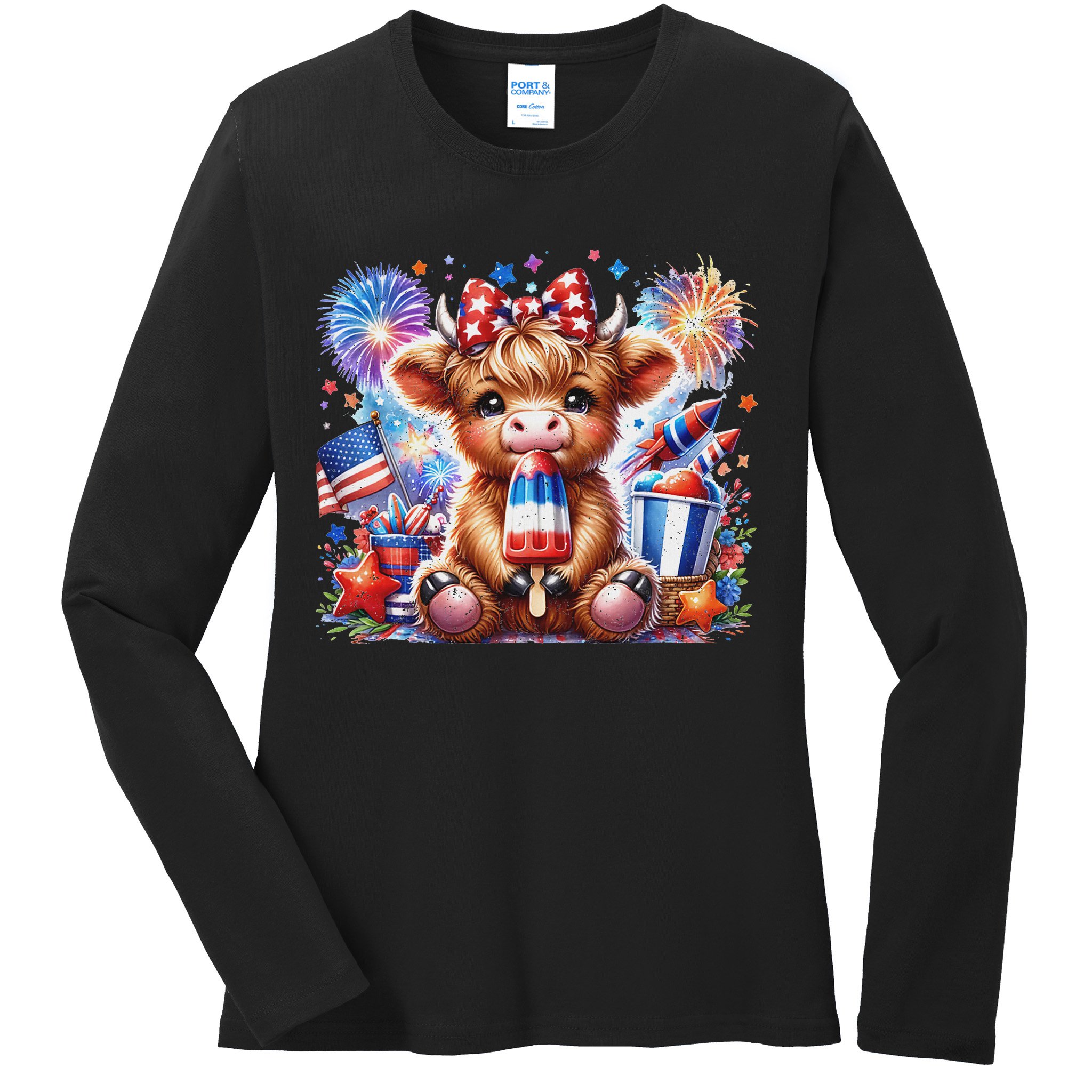4th Of July Highland Cow Popsicle Firework Usa American Ladies Long Sleeve Shirt