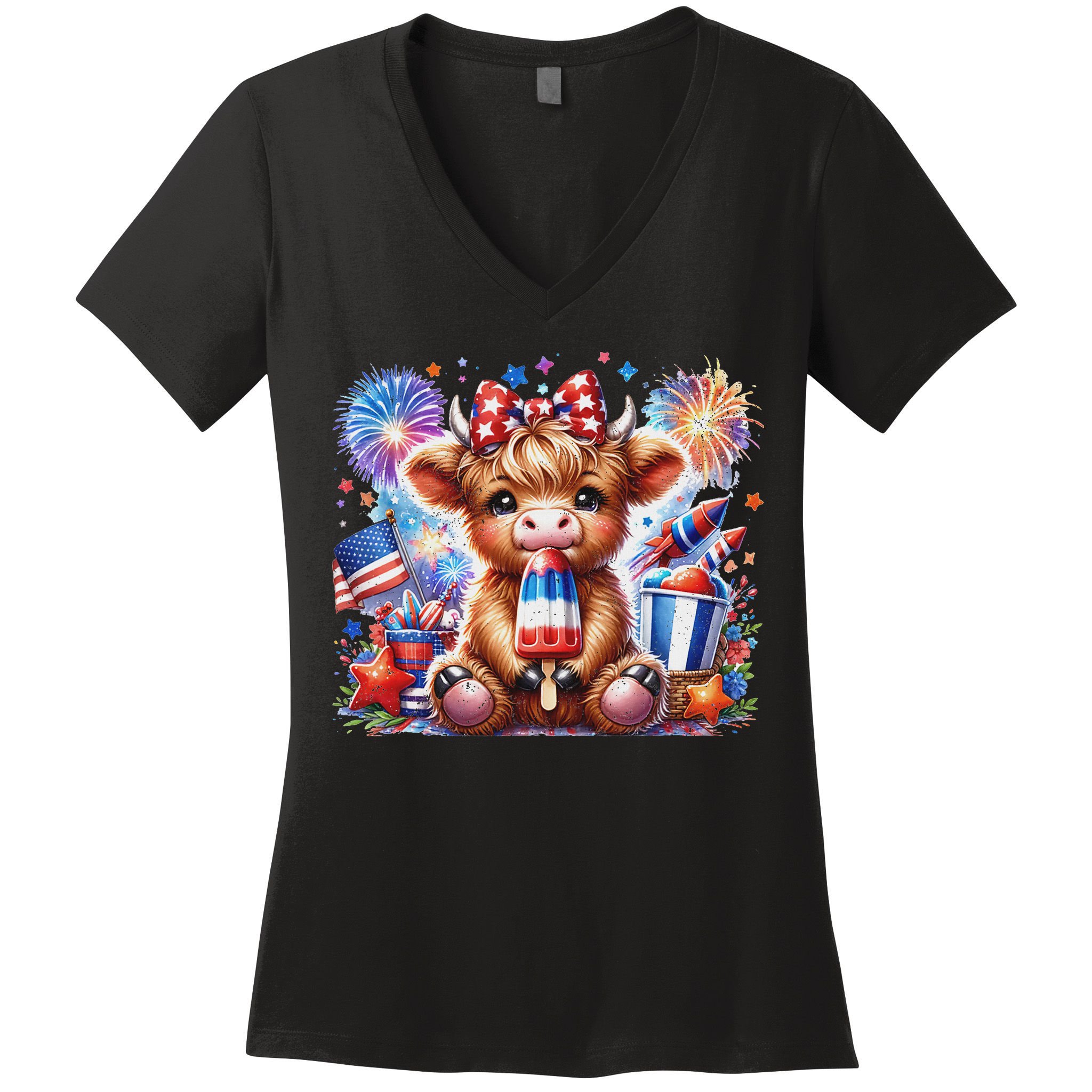 4th Of July Highland Cow Popsicle Firework Usa American Women's V-Neck T-Shirt