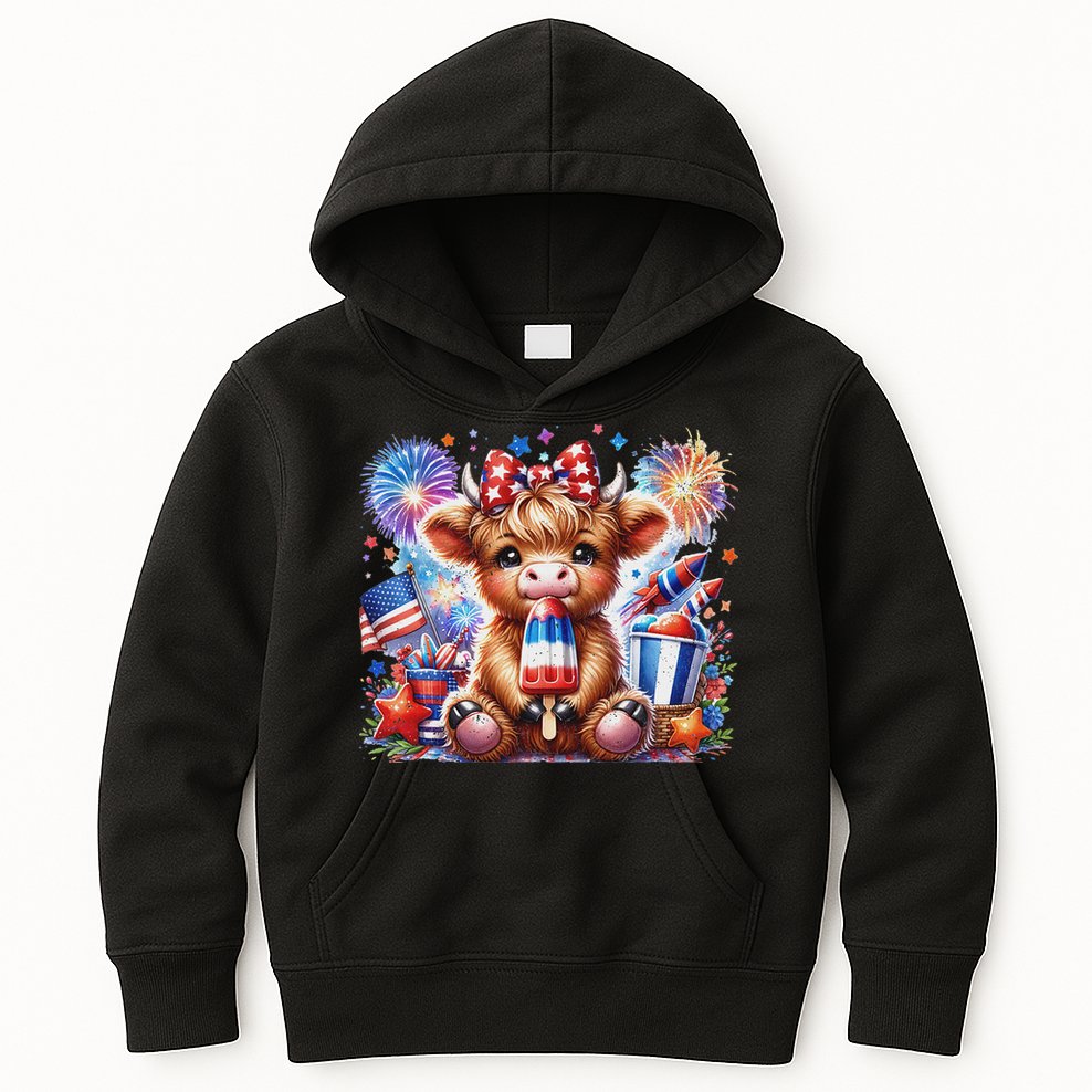 4th Of July Highland Cow Popsicle Firework Usa American Kids Hoodie