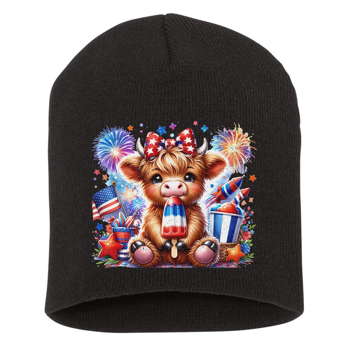 4th Of July Highland Cow Popsicle Firework Usa American Short Acrylic Beanie