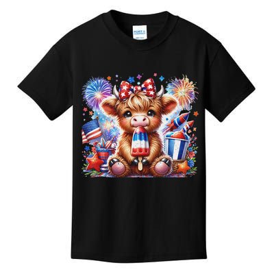 4th Of July Highland Cow Popsicle Firework Usa American Kids T-Shirt
