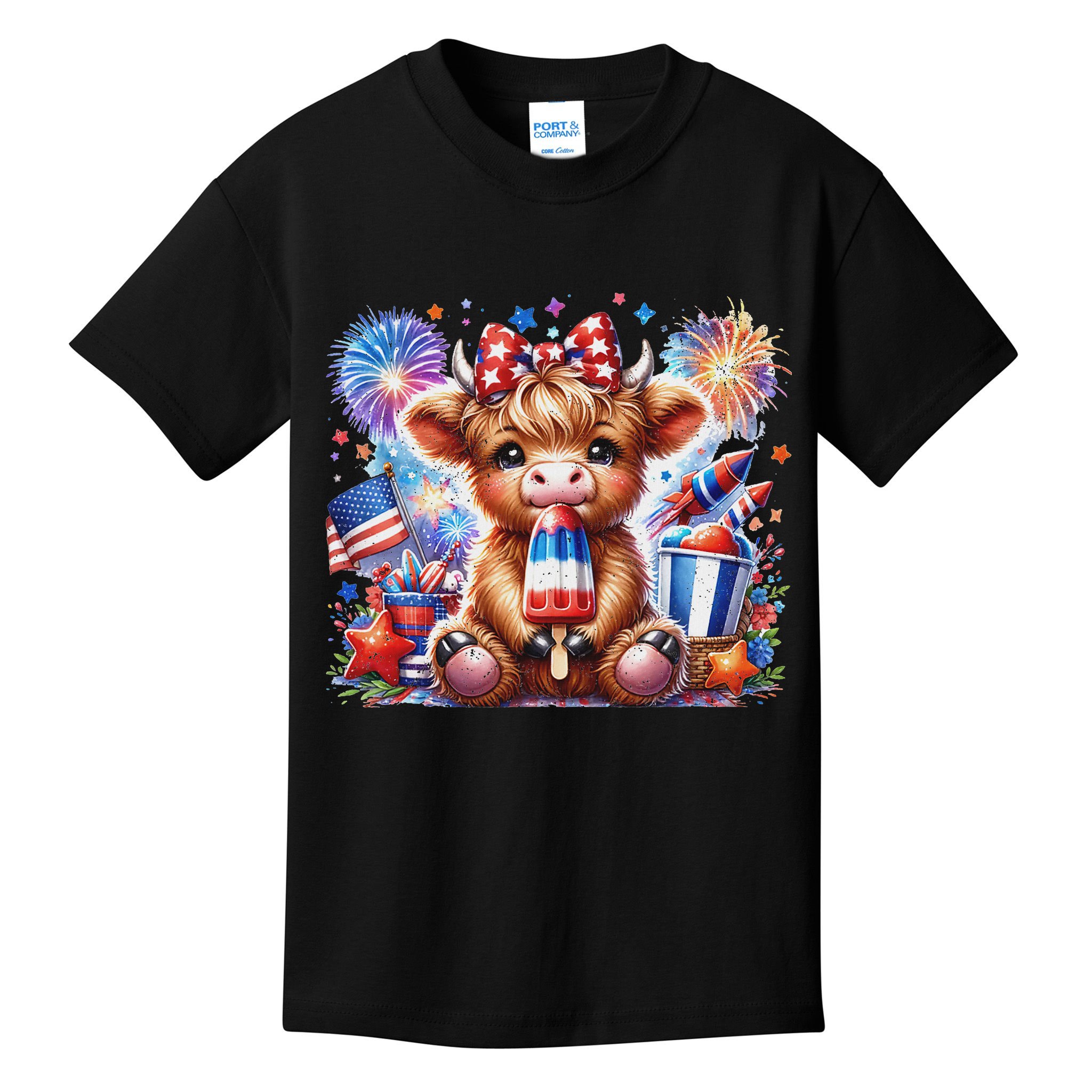 4th Of July Highland Cow Popsicle Firework Usa American Kids T-Shirt