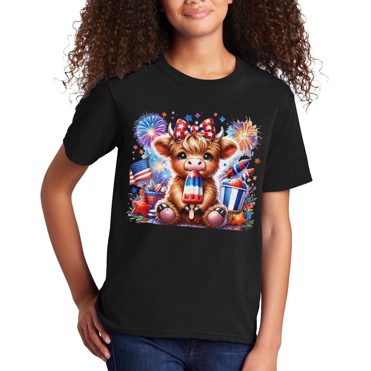 4th Of July Highland Cow Popsicle Firework Usa American Kids T-Shirt