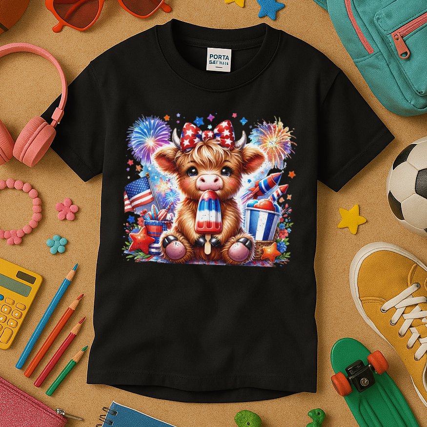 4th Of July Highland Cow Popsicle Firework Usa American Kids T-Shirt