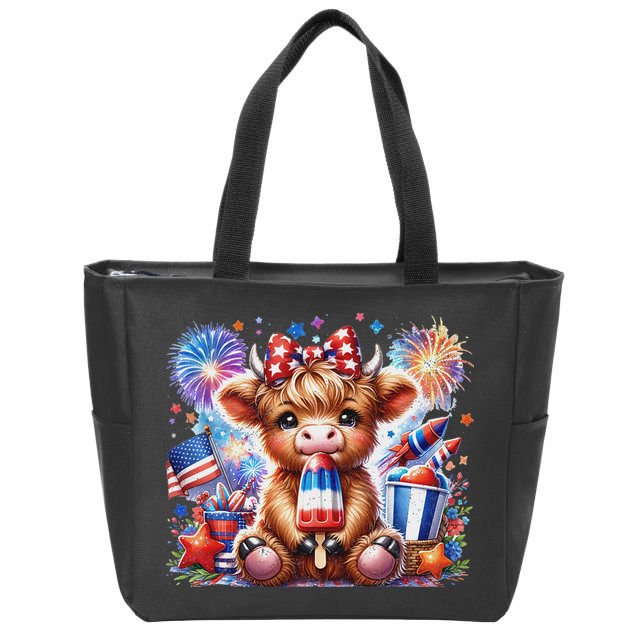 4th Of July Highland Cow Popsicle Firework Usa American Zip Tote Bag