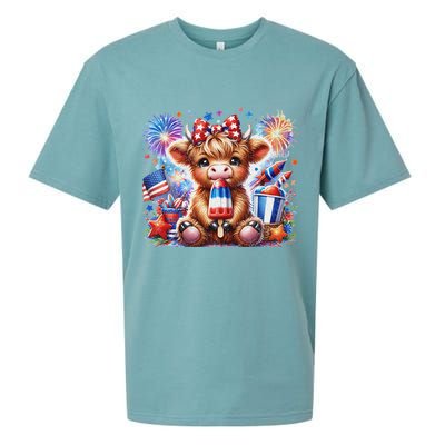 4th Of July Highland Cow Popsicle Firework Usa American Sueded Cloud Jersey T-Shirt