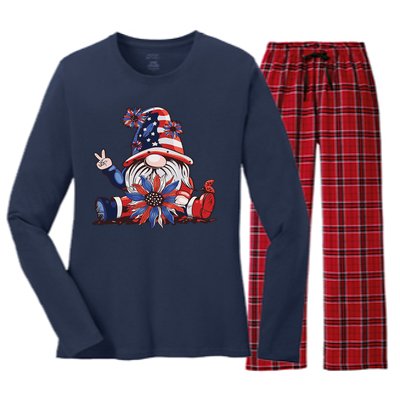 4th Of July Gnome Festive Holiday Women's Long Sleeve Flannel Pajama Set 