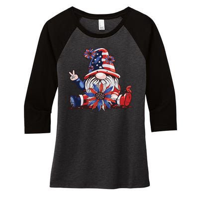 4th Of July Gnome Festive Holiday Women's Tri-Blend 3/4-Sleeve Raglan Shirt