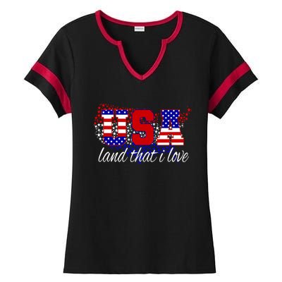 4th Of July Fun American Flag Usa Land That I Love Gift Ladies Halftime Notch Neck Tee