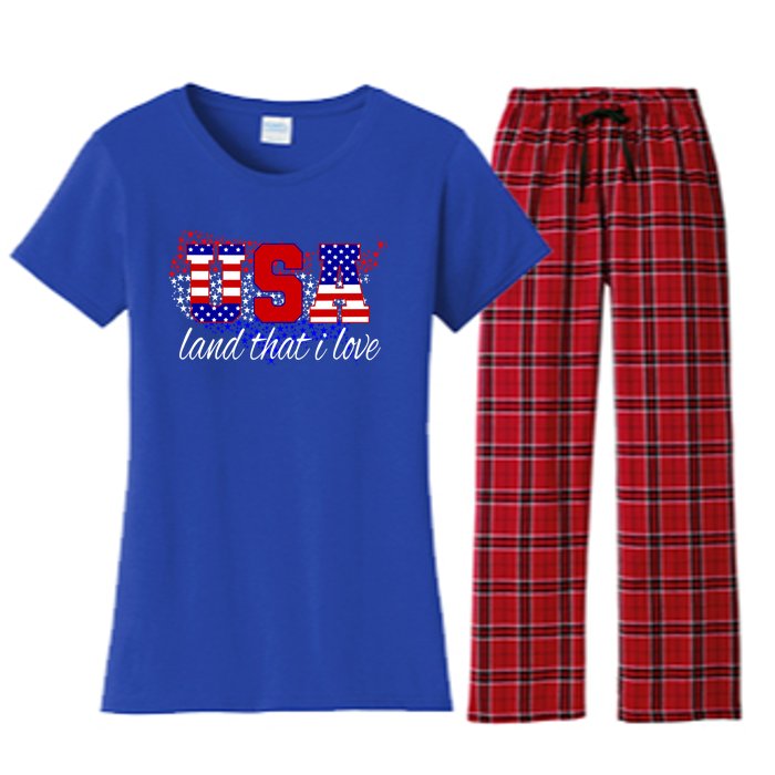 4th Of July Fun American Flag Usa Land That I Love Gift Women's Flannel Pajama Set