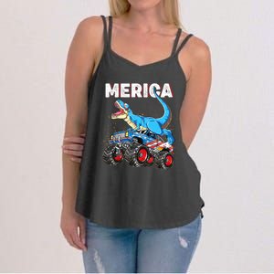 4th of July Boy Merica T rex Dinosaur Monster Truck Women's Strappy Tank