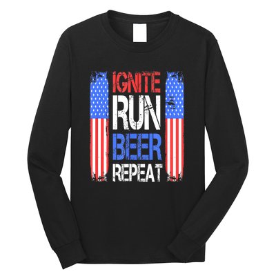 4th Of July Ignite Run Beer Repeat American Flag Gift Long Sleeve Shirt