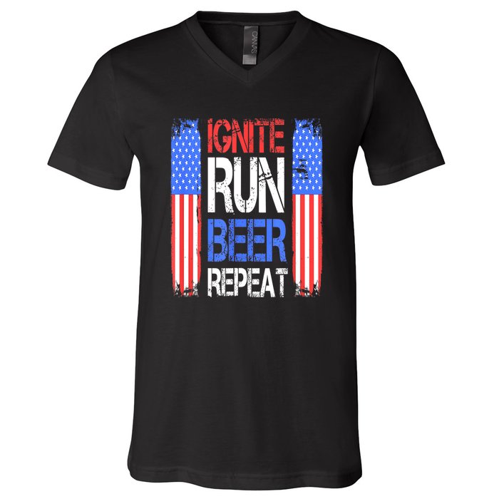 4th Of July Ignite Run Beer Repeat American Flag Gift V-Neck T-Shirt