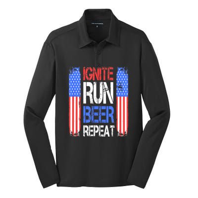 4th Of July Ignite Run Beer Repeat American Flag Gift Silk Touch Performance Long Sleeve Polo