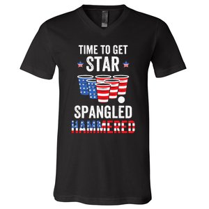 4th Of July Beer Pong Time To Get Star Spangled Hammered V-Neck T-Shirt