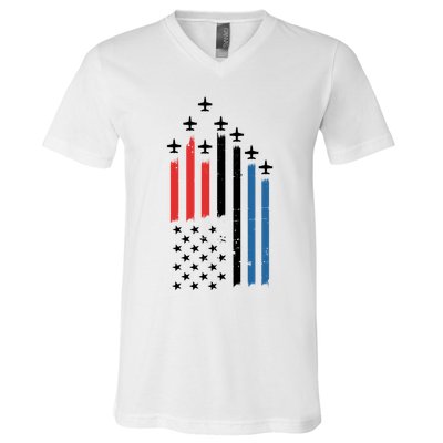 4th Of July Jets American Flag V-Neck T-Shirt