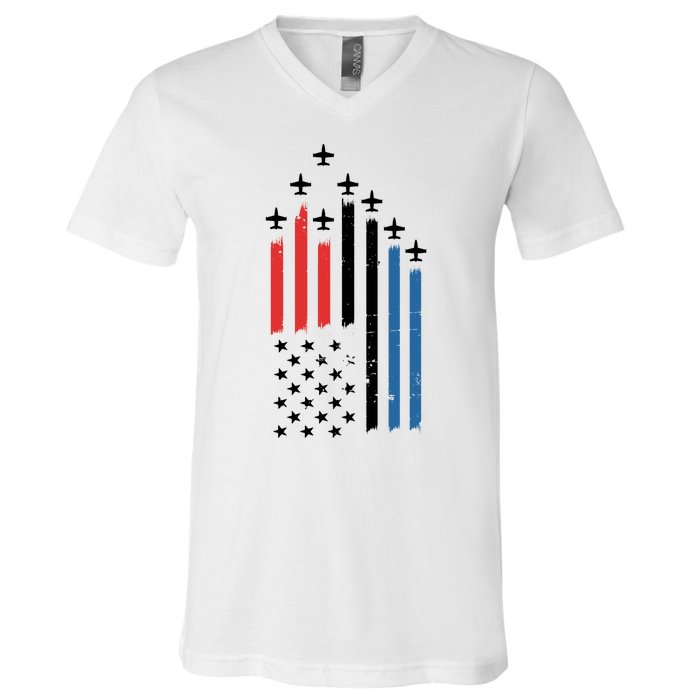 4th Of July Jets American Flag V-Neck T-Shirt