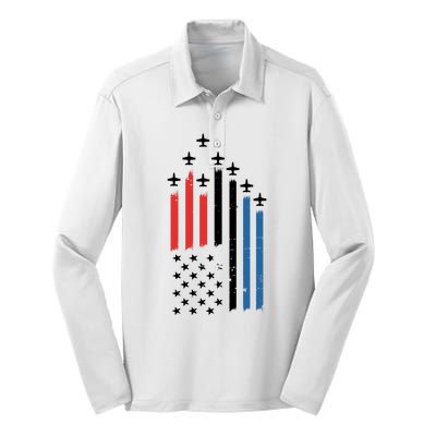 4th Of July Jets American Flag Silk Touch Performance Long Sleeve Polo