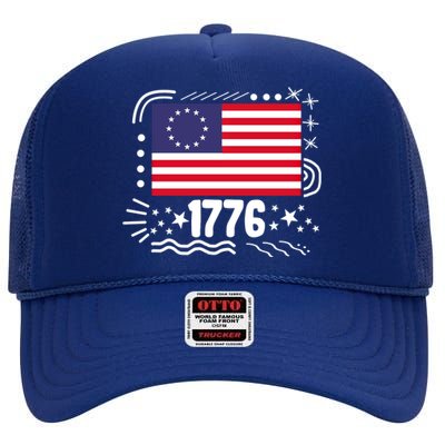 4th Of July 1776 America Flag Independence Day Veteran Free Cool Gift High Crown Mesh Back Trucker Hat