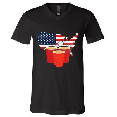4th Of July I Beer Pong American Flag I College Party V-Neck T-Shirt