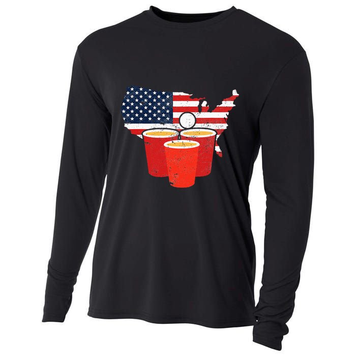 4th Of July I Beer Pong American Flag I College Party Cooling Performance Long Sleeve Crew