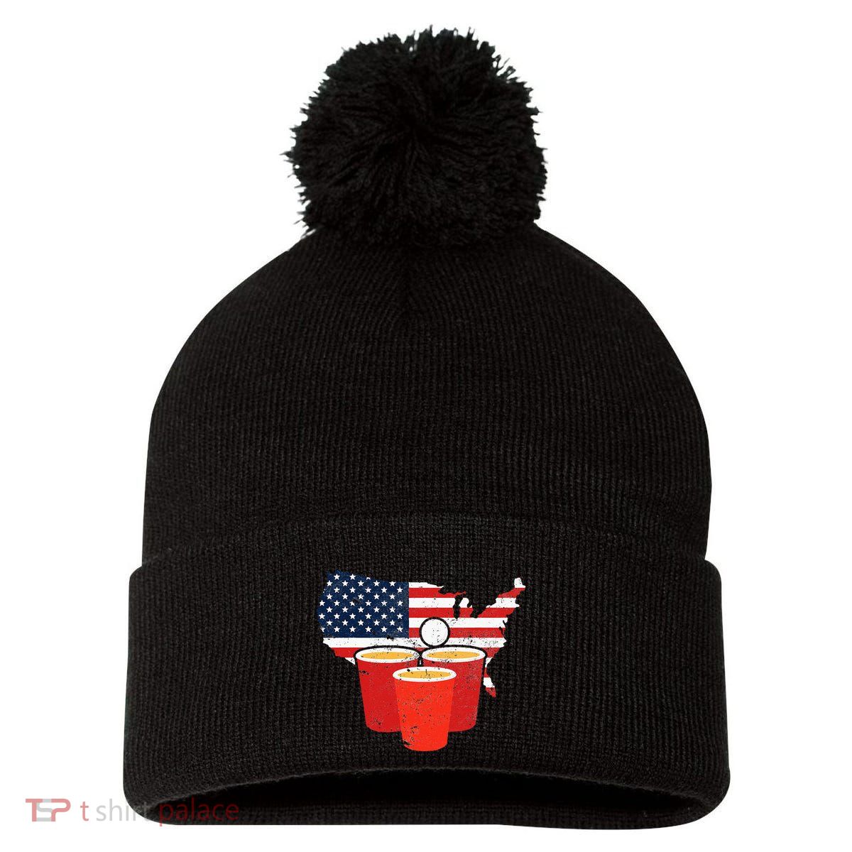 4th Of July I Beer Pong American Flag I College Party Pom Pom 12in Knit Beanie
