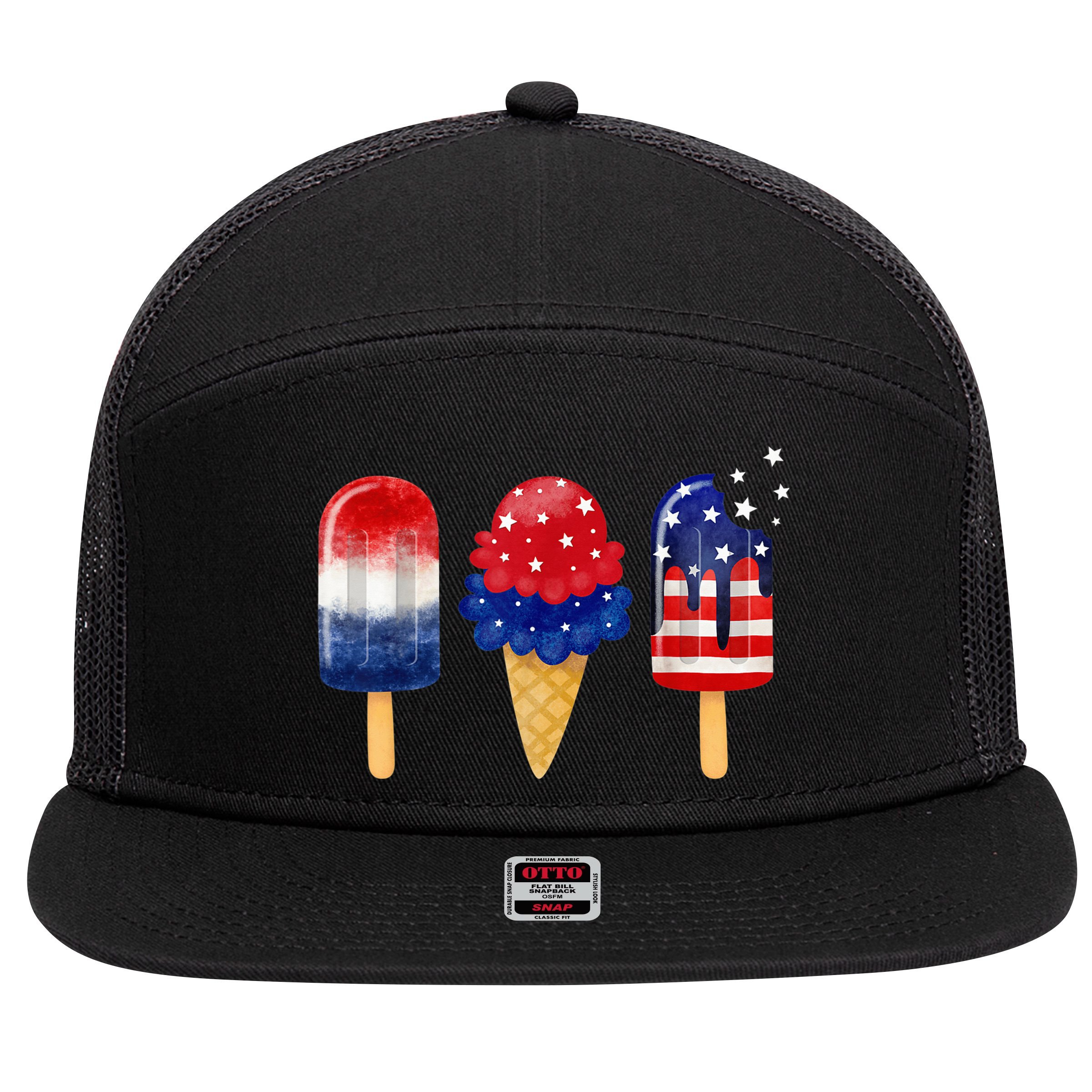 4th of July Popsicle American Flag Patriotic Summer Boy Girl 7 Panel Mesh Trucker Snapback Hat