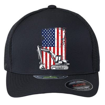 4th of July American Flag Construction Backhoe Excavator Flexfit Unipanel Trucker Cap