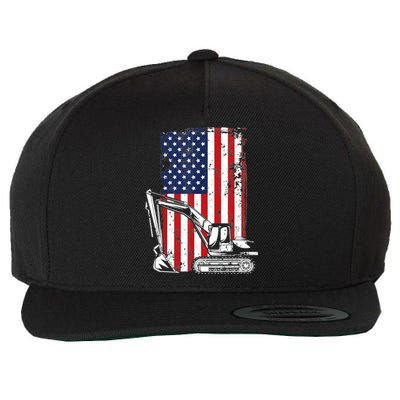 4th of July American Flag Construction Backhoe Excavator Wool Snapback Cap